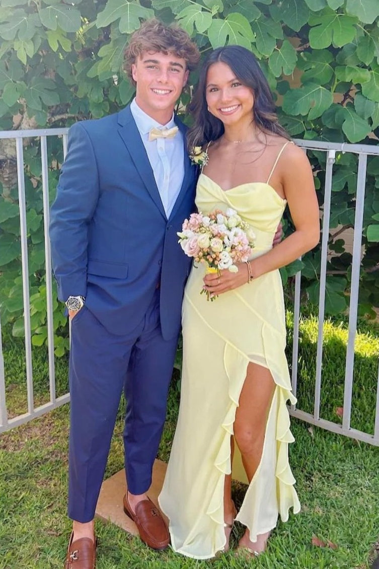 Straps Yellow Chiffon Ruffle Party Dress