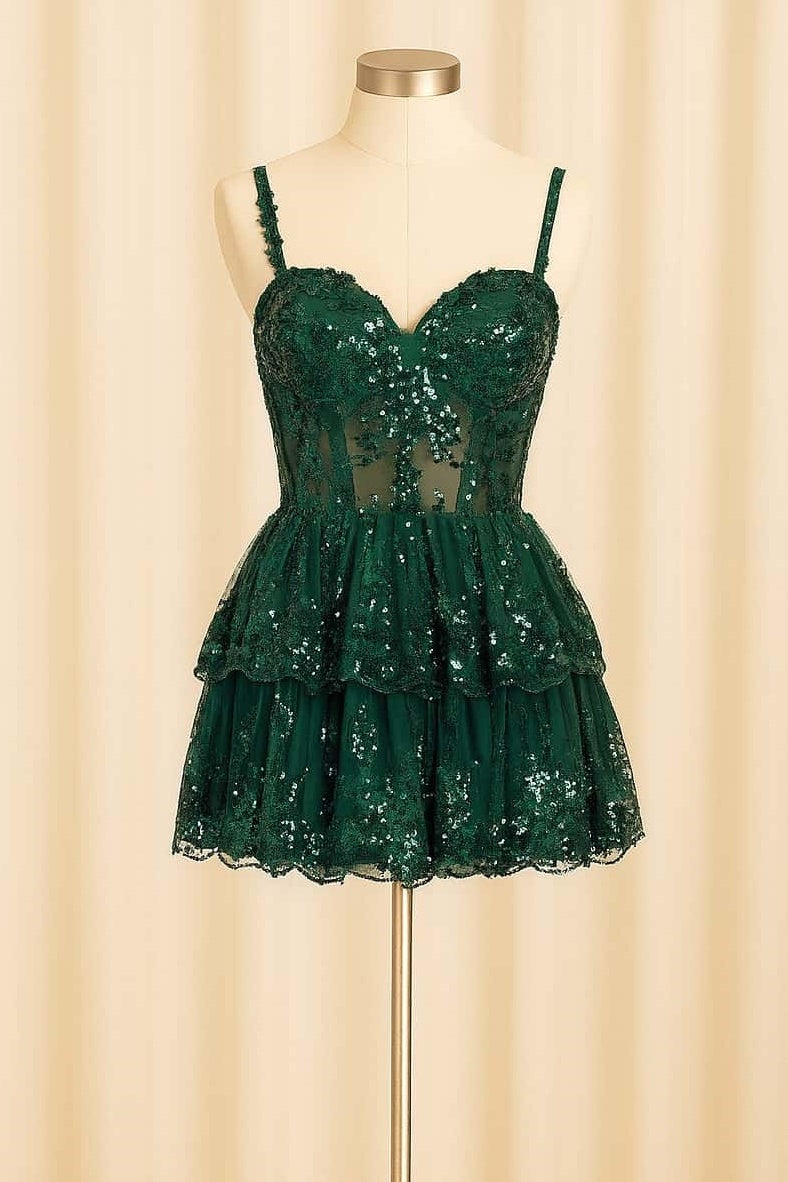 Dark Green Sweetheart Ruffle A-Line Dress