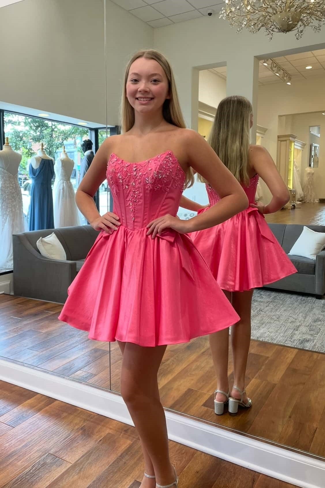 Pink Strapless A-Line Dress with Bow