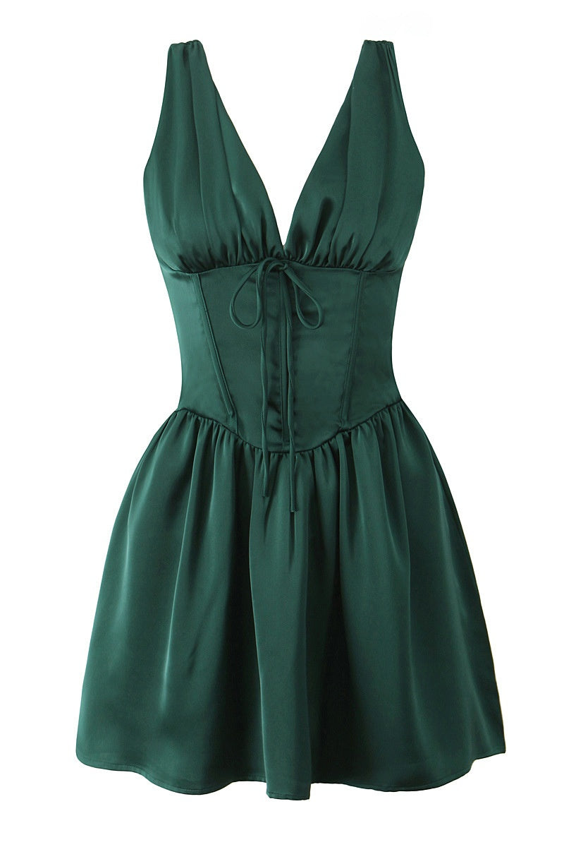 Deep V-neck Satin Dark Green Dress
