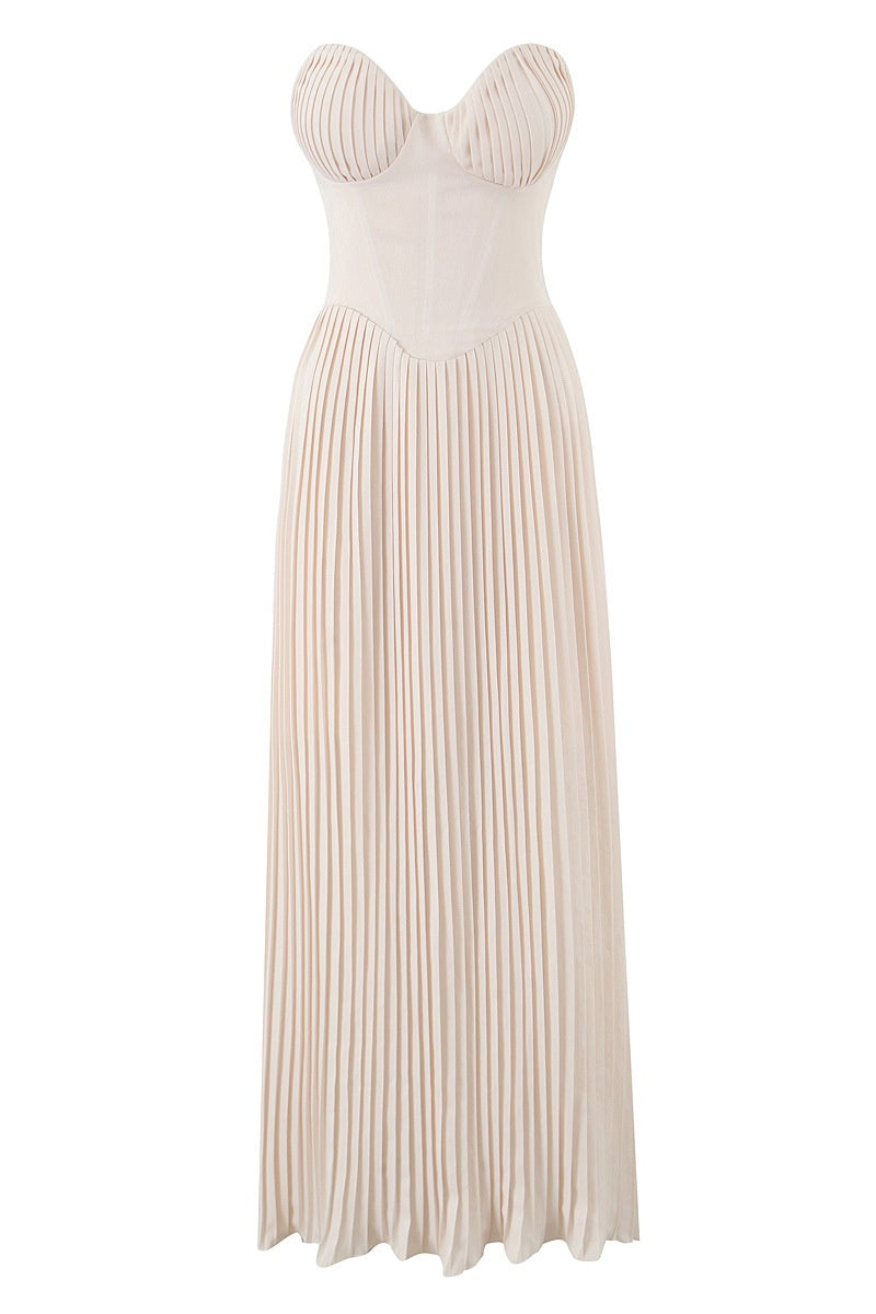 Pleated Strapless Waist-Cinched Maxi Dress