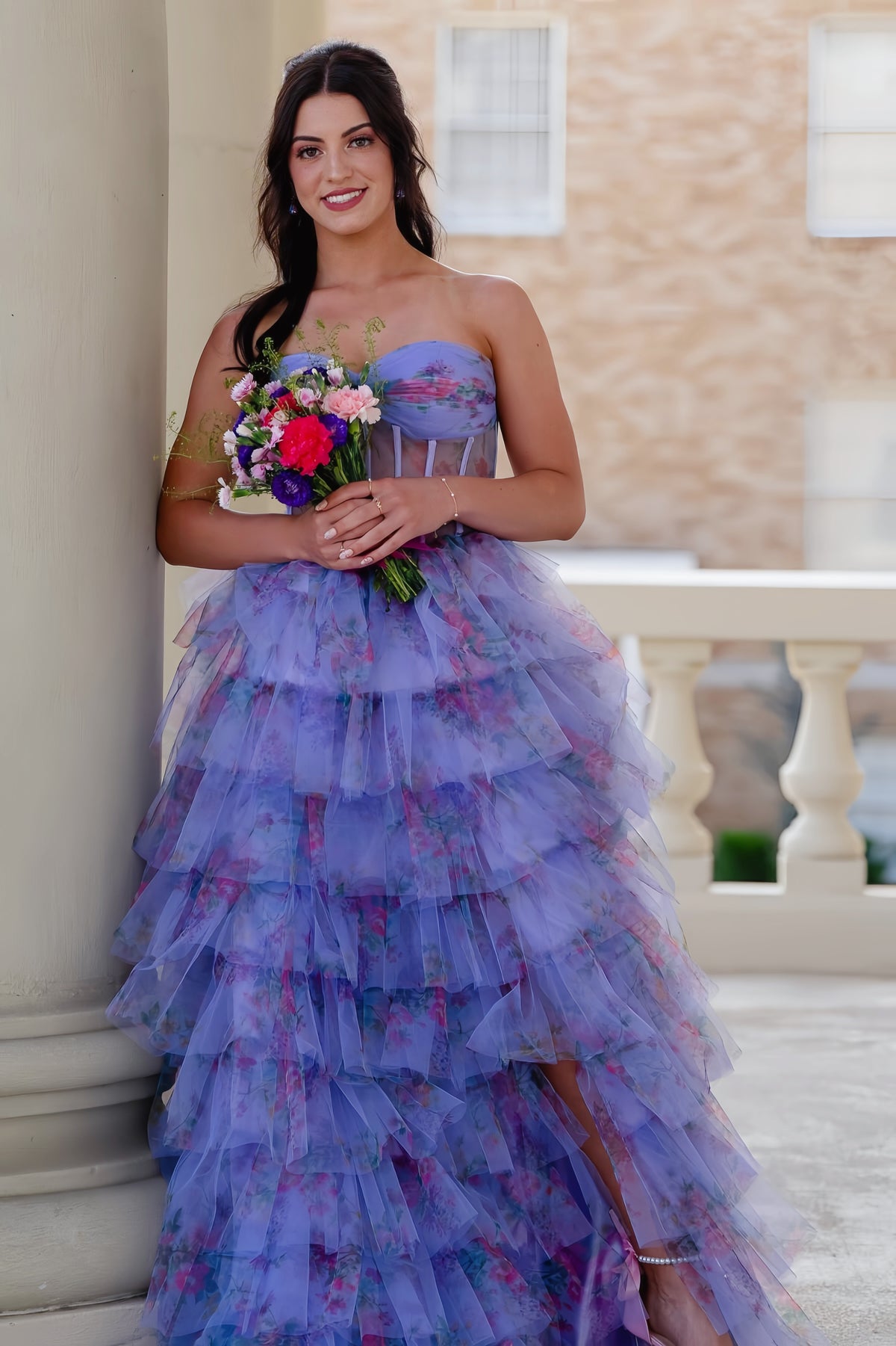Sweetheart Floral Corset Tulle Ruffle A-line Prom Dress