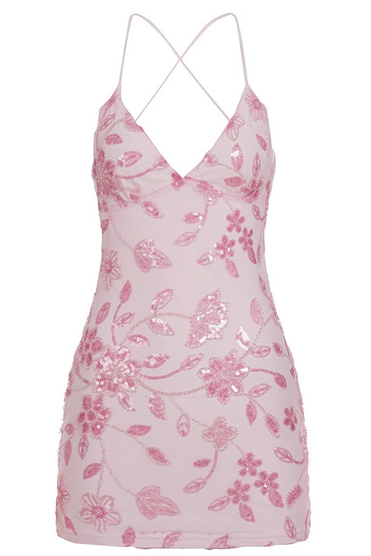 Pink V-Neck Sequin Embroidery Mini Dress