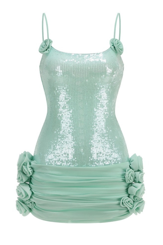 Green Sequin Embroidery Mini Dress