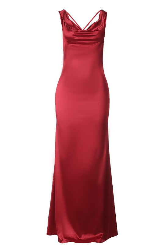 Red Cowl Neck Bodycon Long Dress