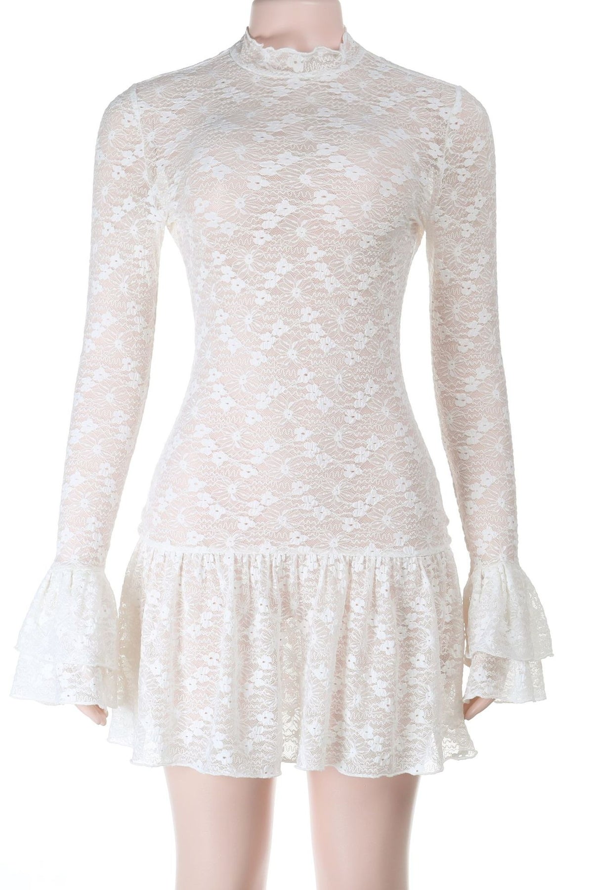 High Neck Lace Long-Sleeve A-Line Dress