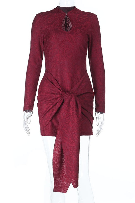 Burgundy Lace Long-Sleeve A-Line Dress
