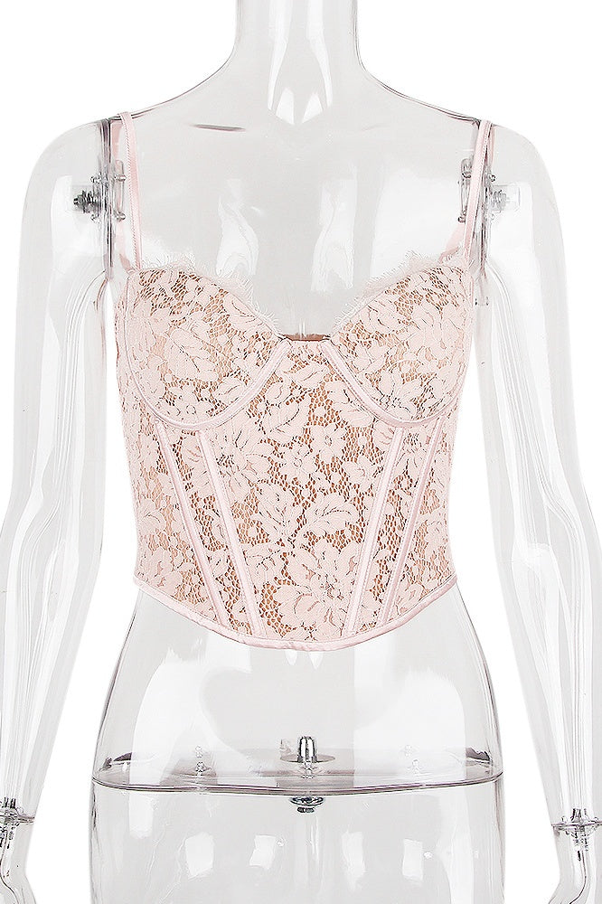 Pink Floral Print Lace Edge Bandeau Top