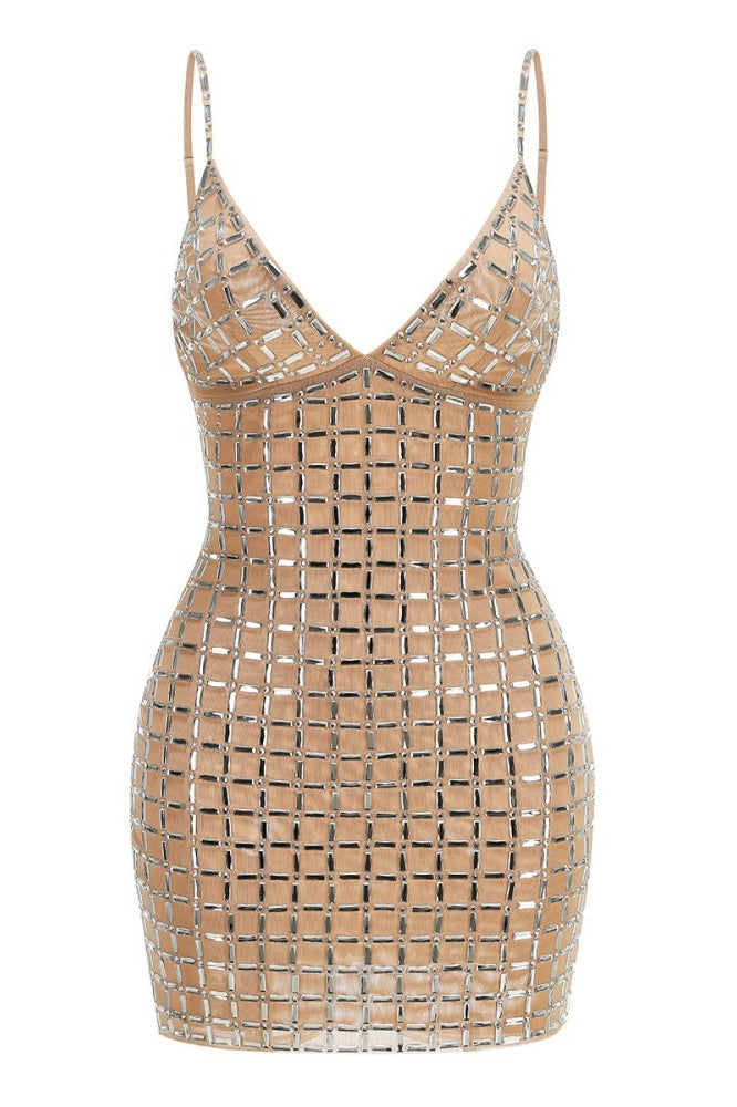 Nude Color Rhinestone Bodycon Mini Dress