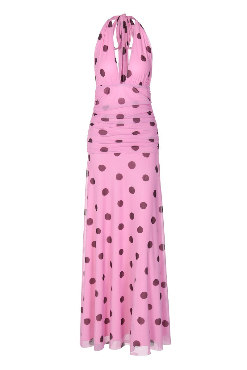 Halter Strap Polka Dot V-neck Dress