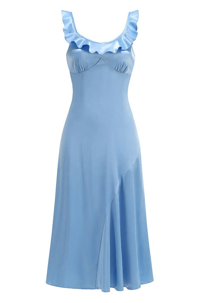 Blue Ruffled Neckline A-line Dress