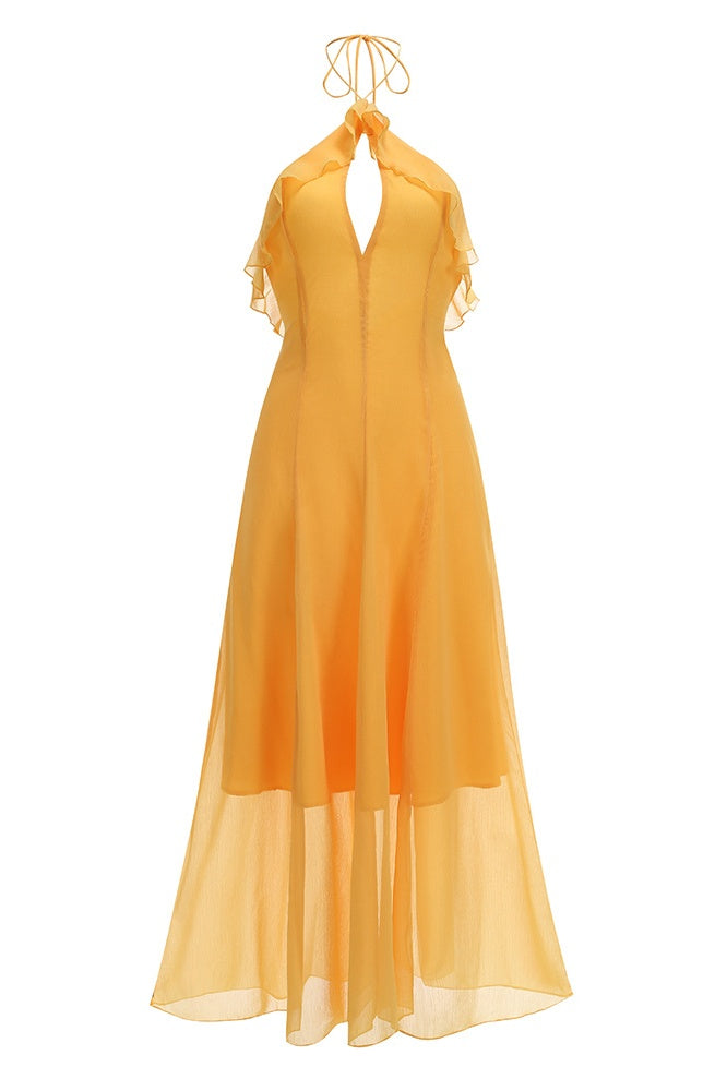 Yellow Ruffled Cutout A-line Dress