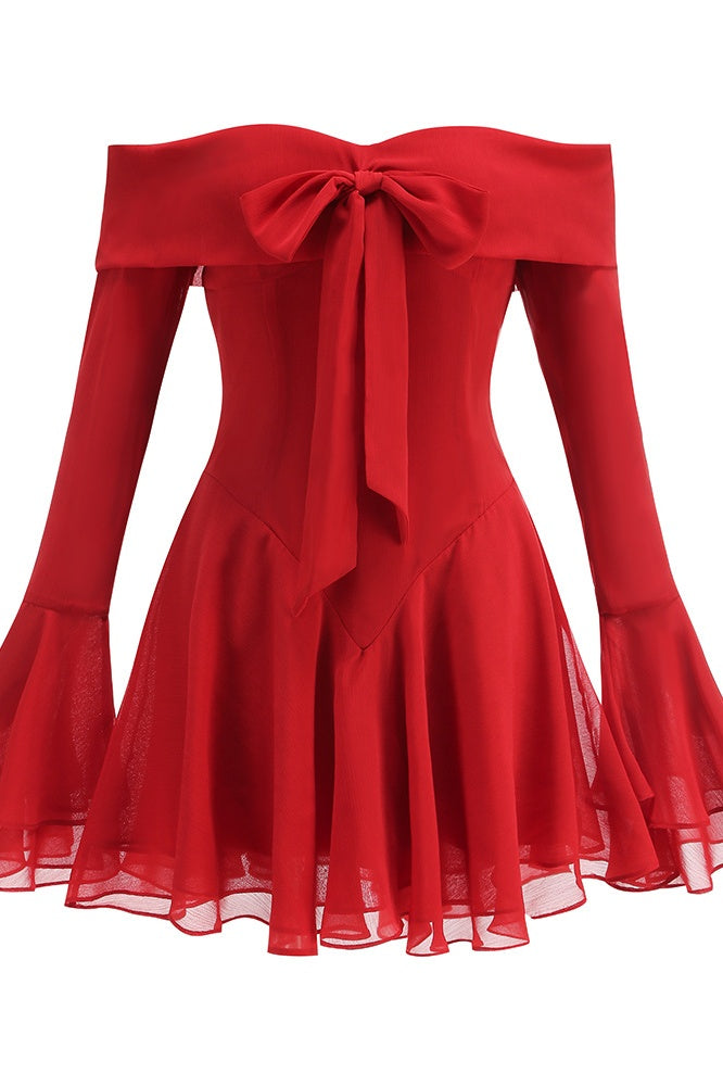 Red Off-the-shoulder Bell Sleeves Dress