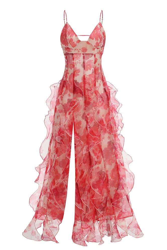 Red Floral Print Ruffle Slit Dress
