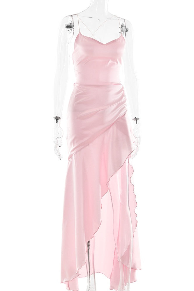 Spaghetti Straps Pink Ruffle Slit Dress