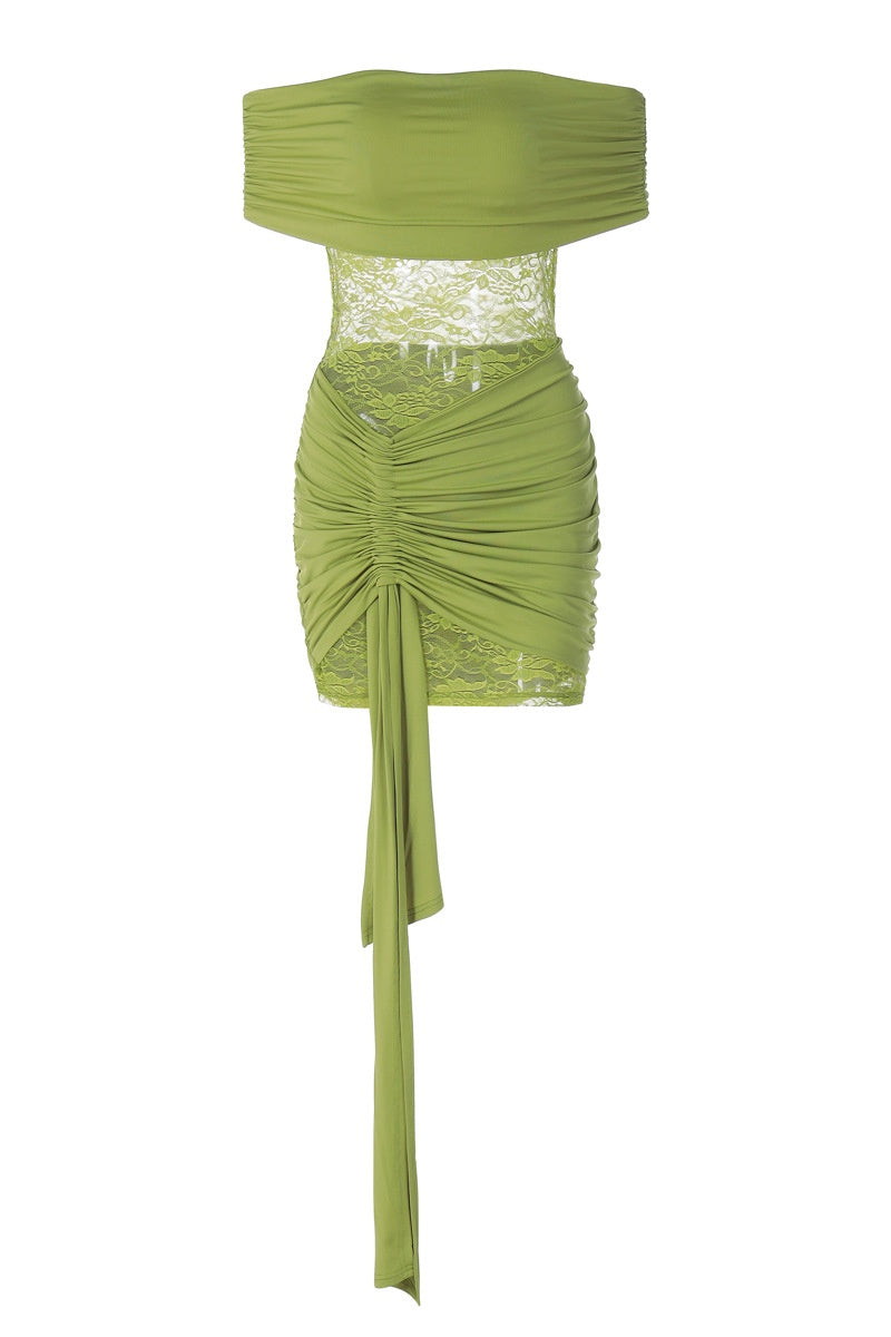 Lace Drawstring Ruffle Hem Mini Dress