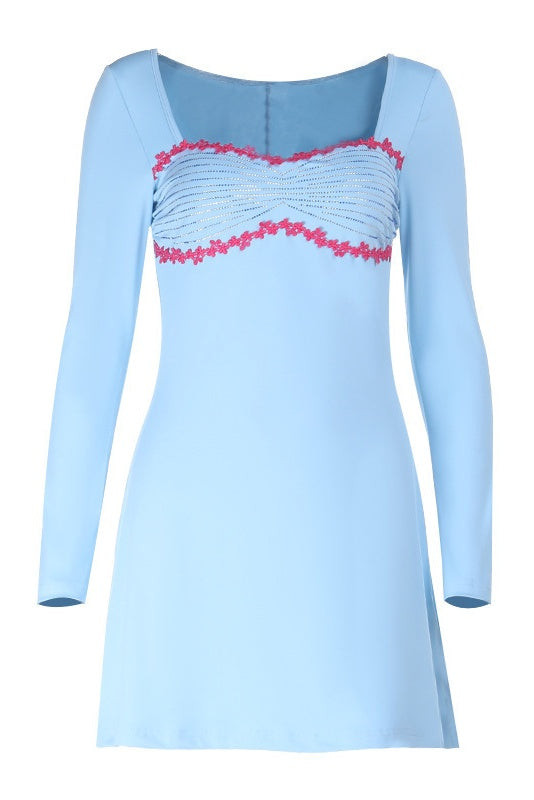 Blue Long-sleeve Slip-on Mini Dress