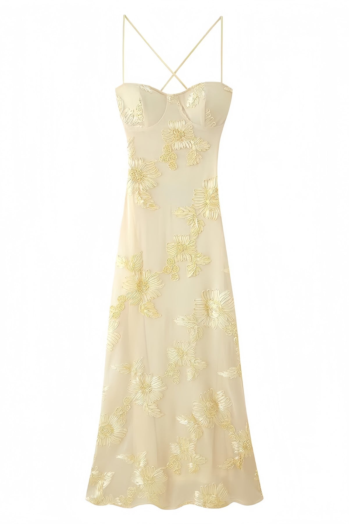 Yellow 3D Embroidered Pattern Back Tie Dress