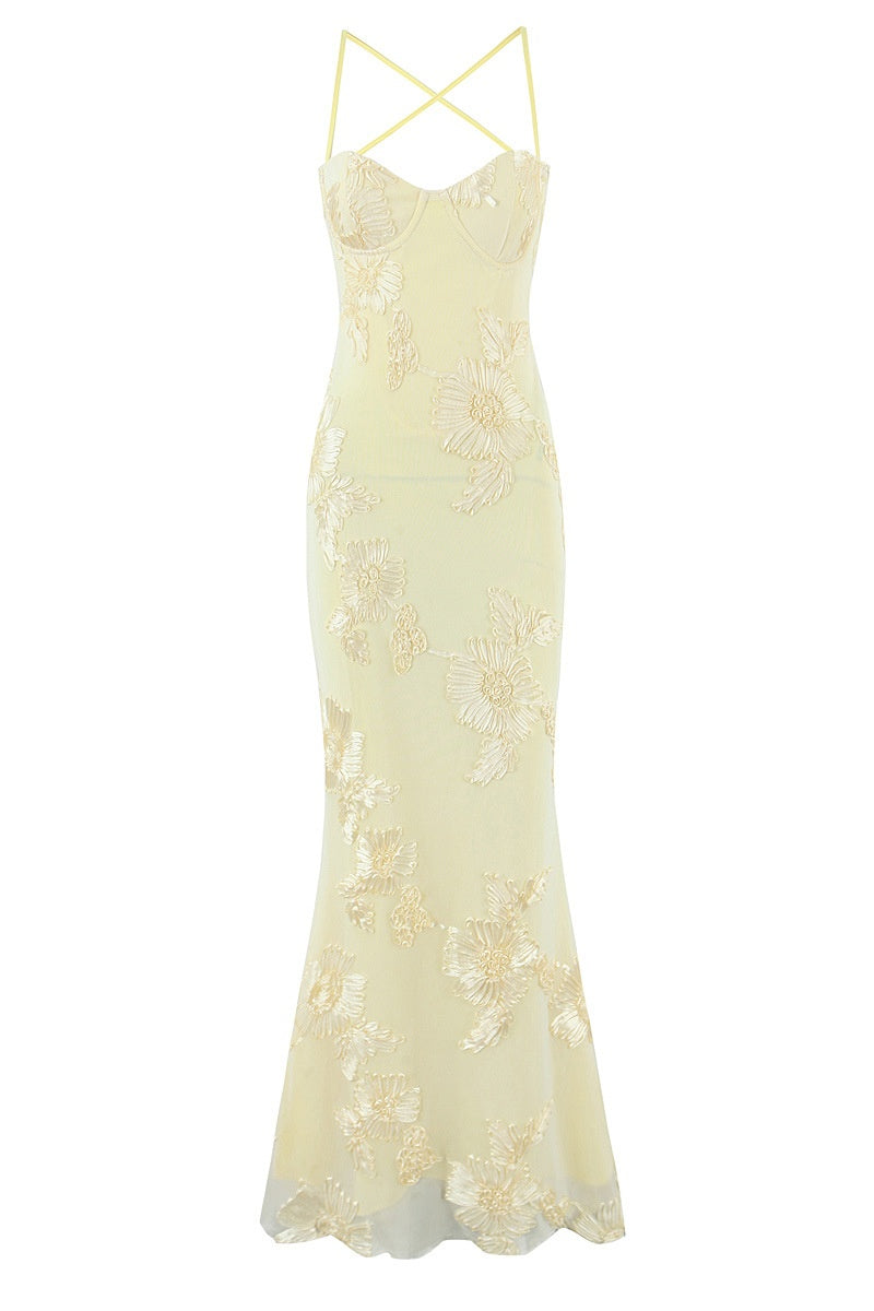 Yellow 3D Embroidered Pattern Mermaid Dress