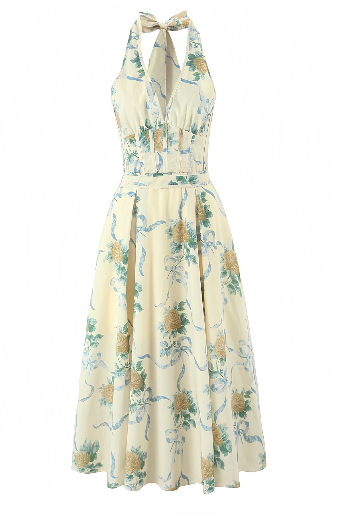 Yellow Floral Halter Bodycon Low Back Dress