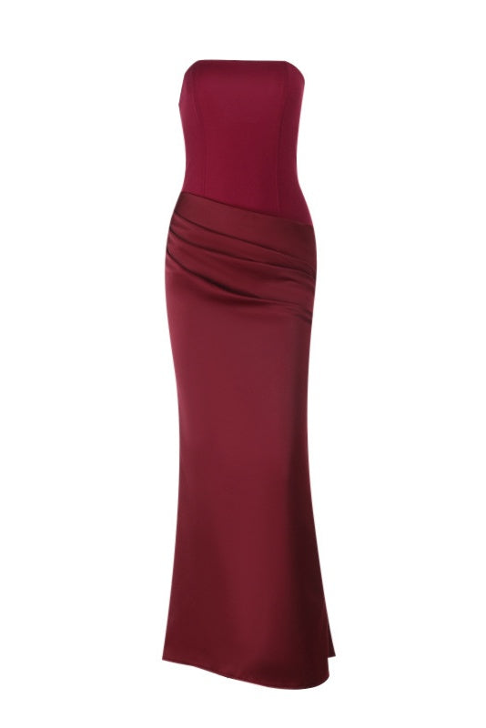Burgundy Satin Ruched Waist Dress