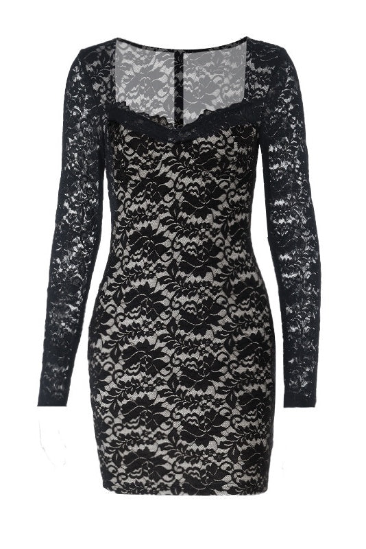 Long-sleeve Lace Print Mini Dress
