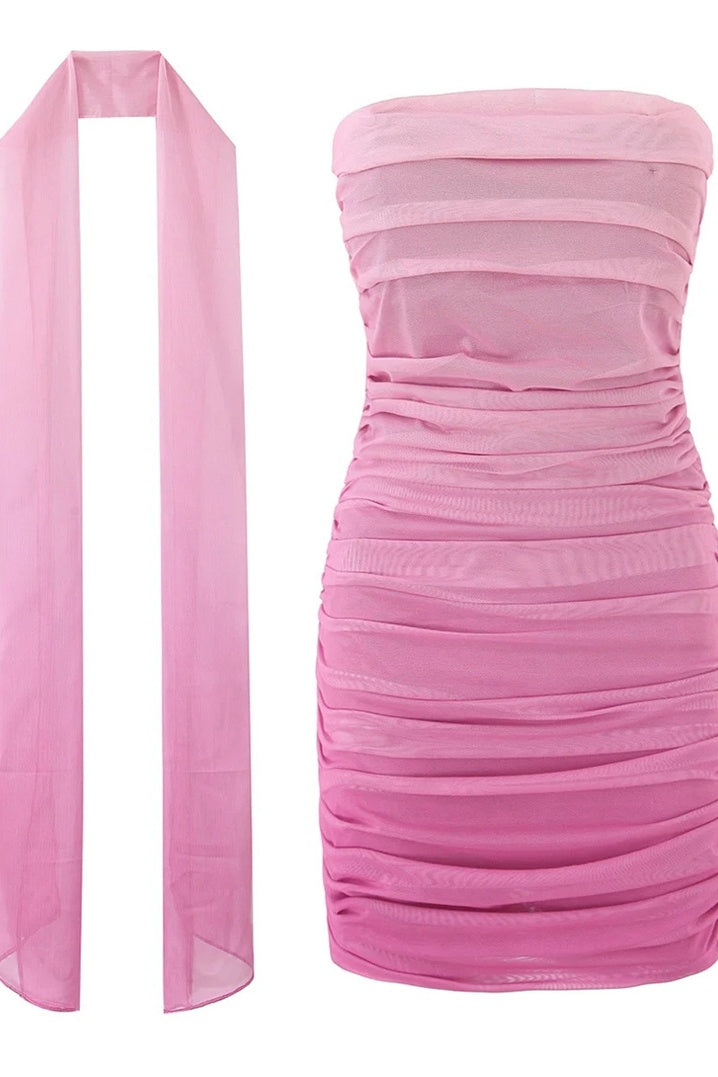 Ombre Pink Pleated Bodycon Mini Dress