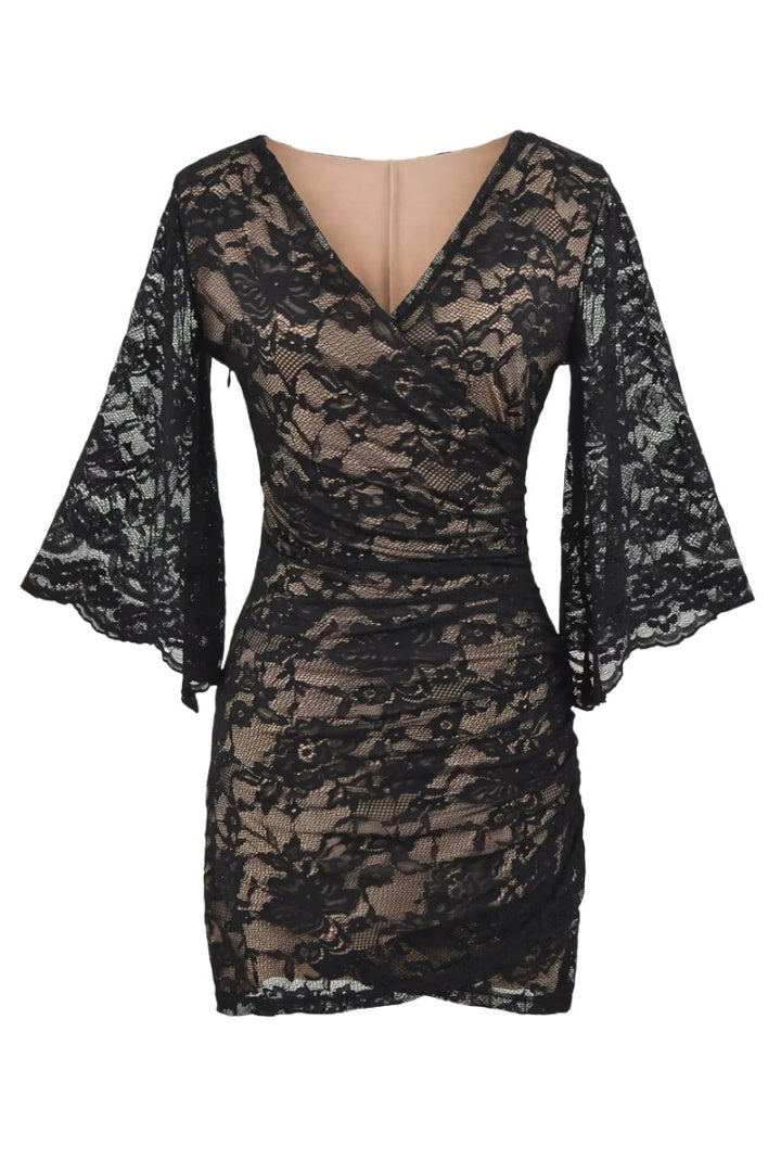 Half-Length Bell Sleeve Lace Print Mini Dress