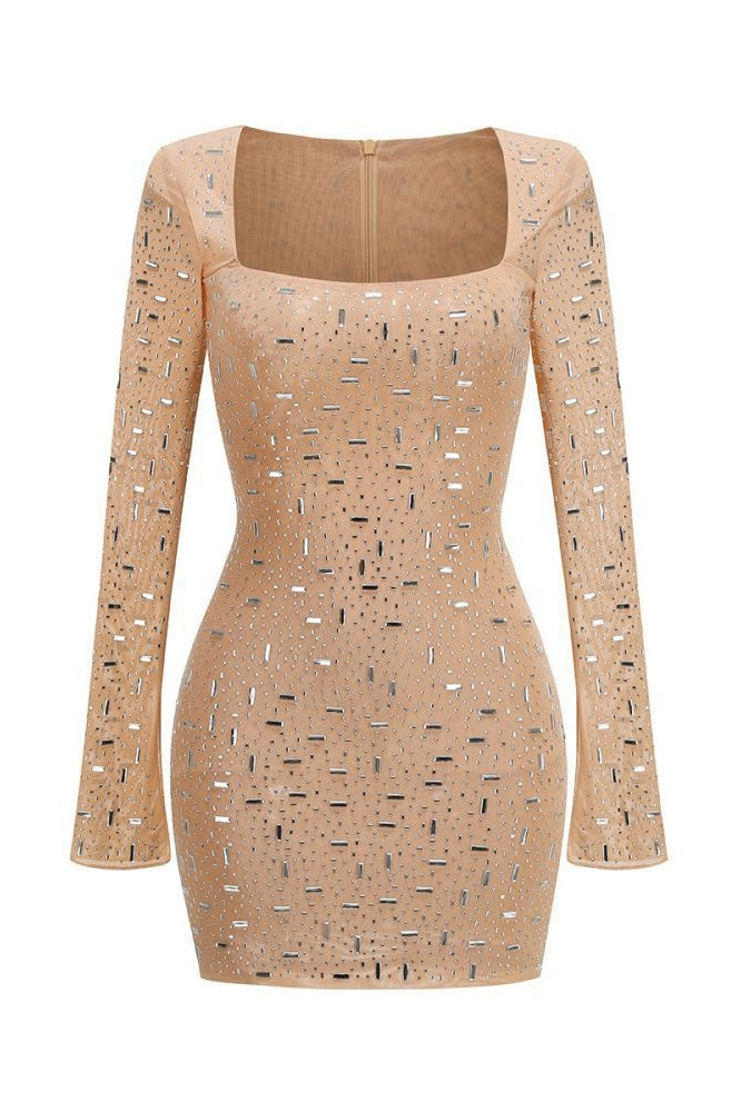Long Bell Sleeve Rhinestone Mini Dress