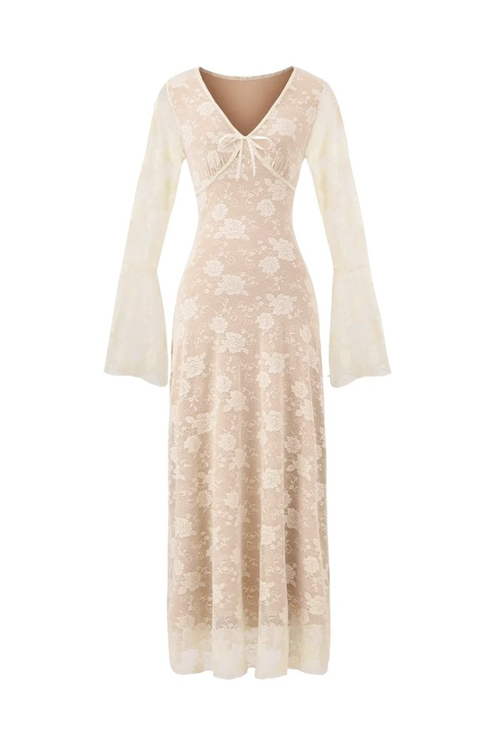 Sheer Mesh Long Bell Sleeves Long Dress
