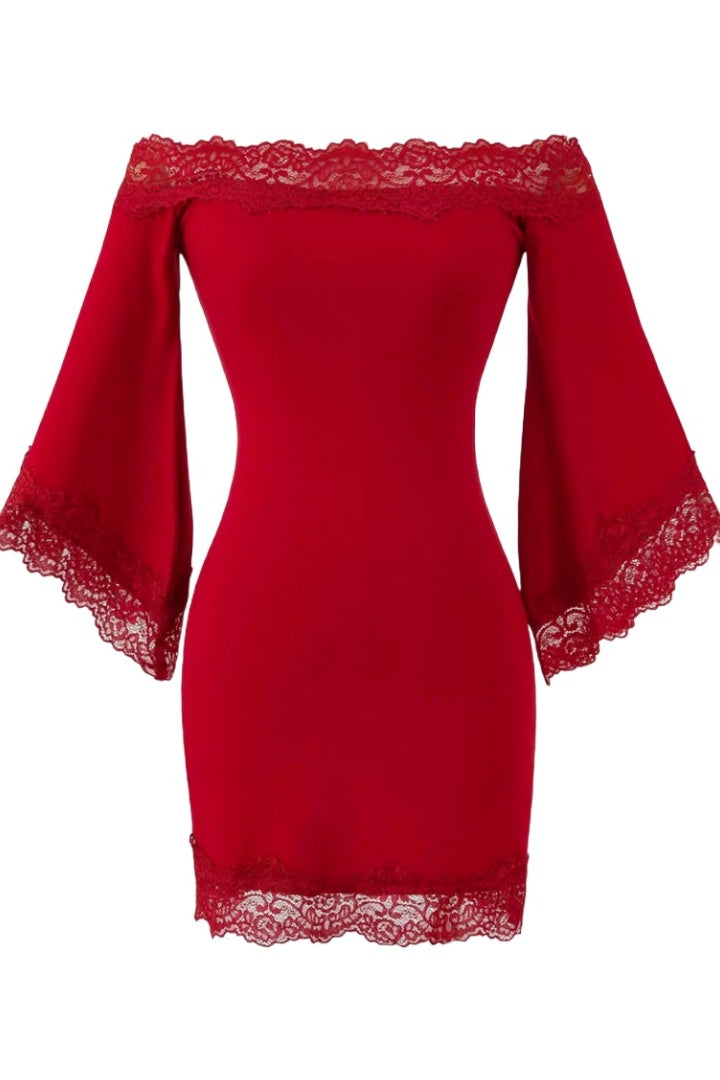 Bell Long Sleeves Lace Trim Mini Dress