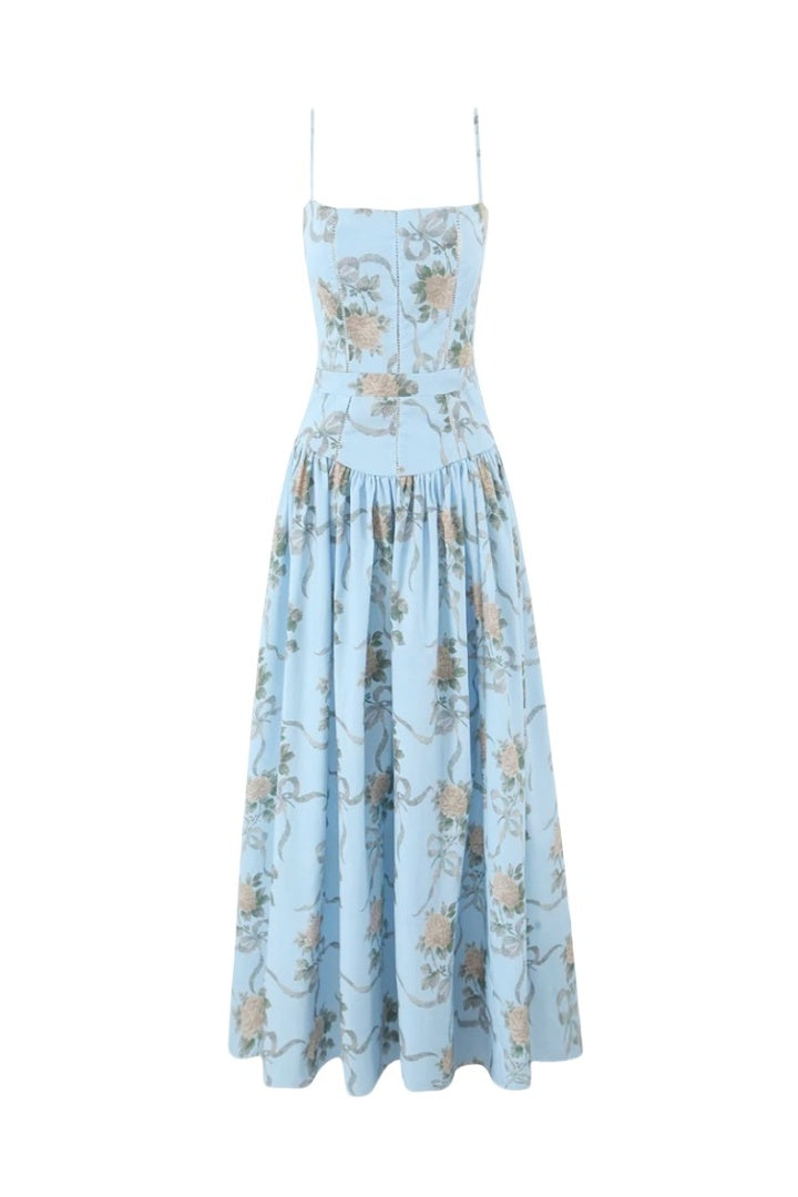Spaghetti Straps Blue Floral Print Dress