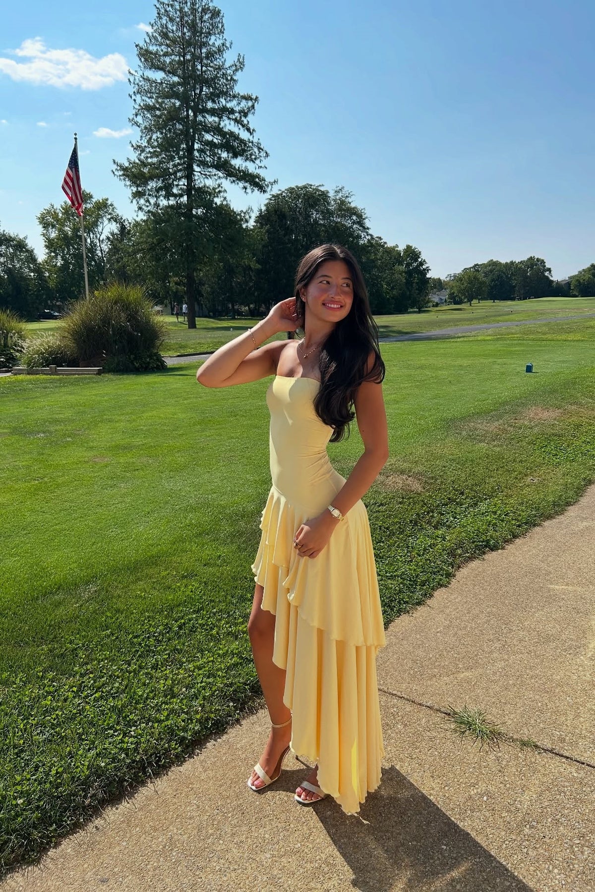 Yellow Strapless Asymmetric Hem Long Dress