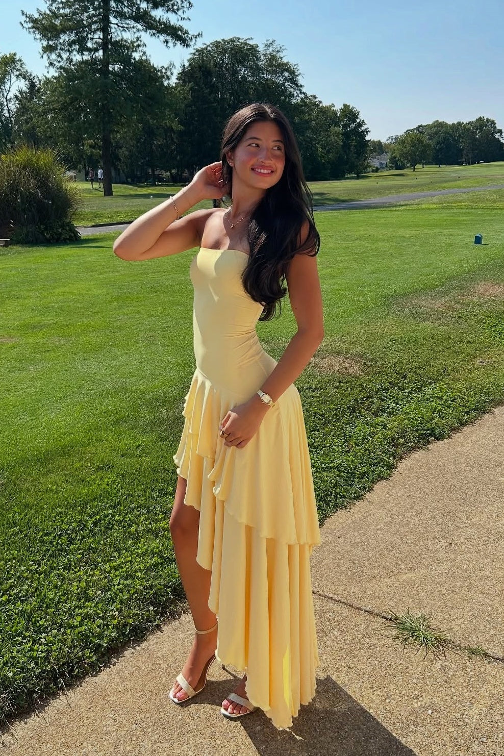 Yellow Strapless A-line Slit Long Dress