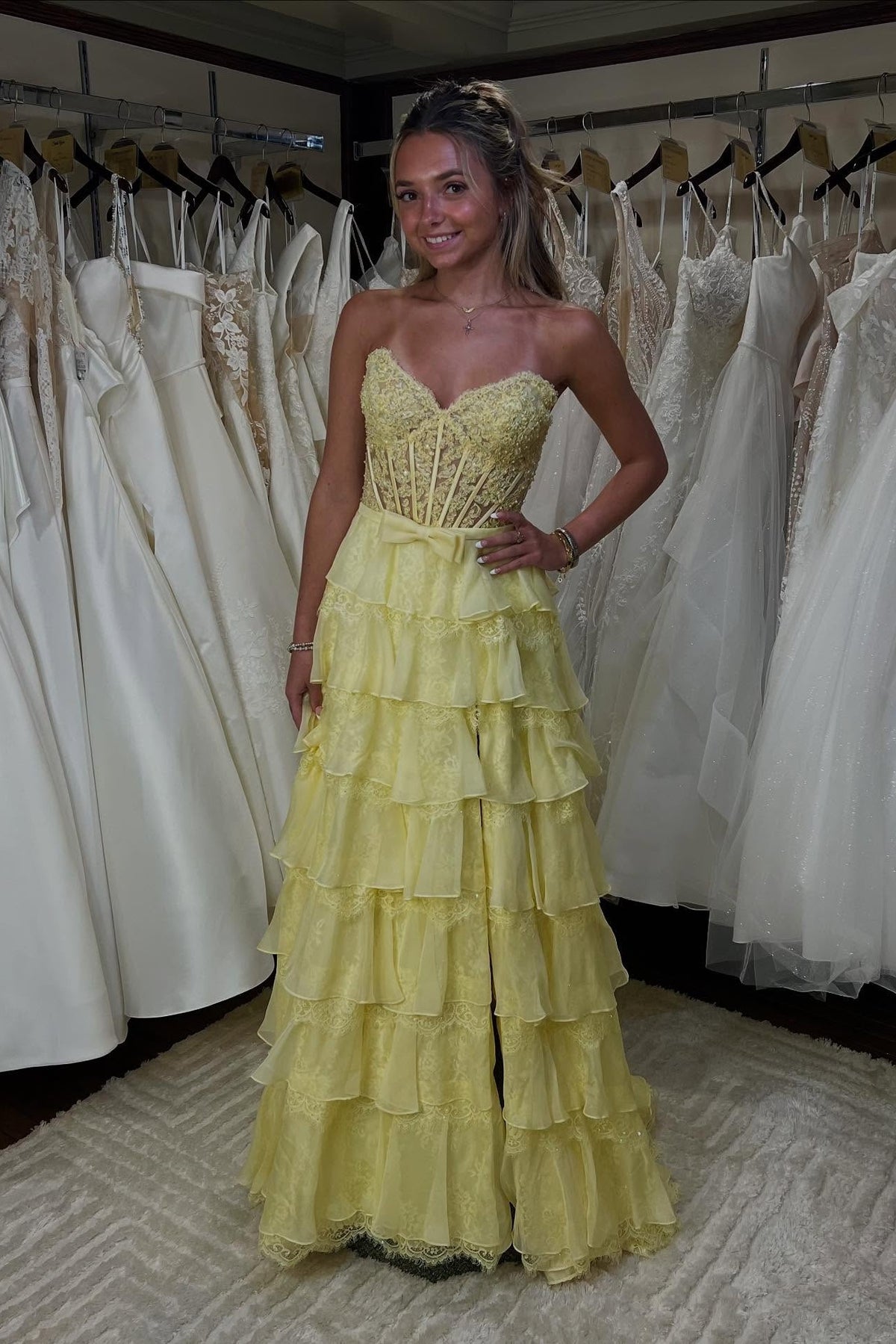 Sweetheart Yellow Tiered Ruffled Tulle Dress