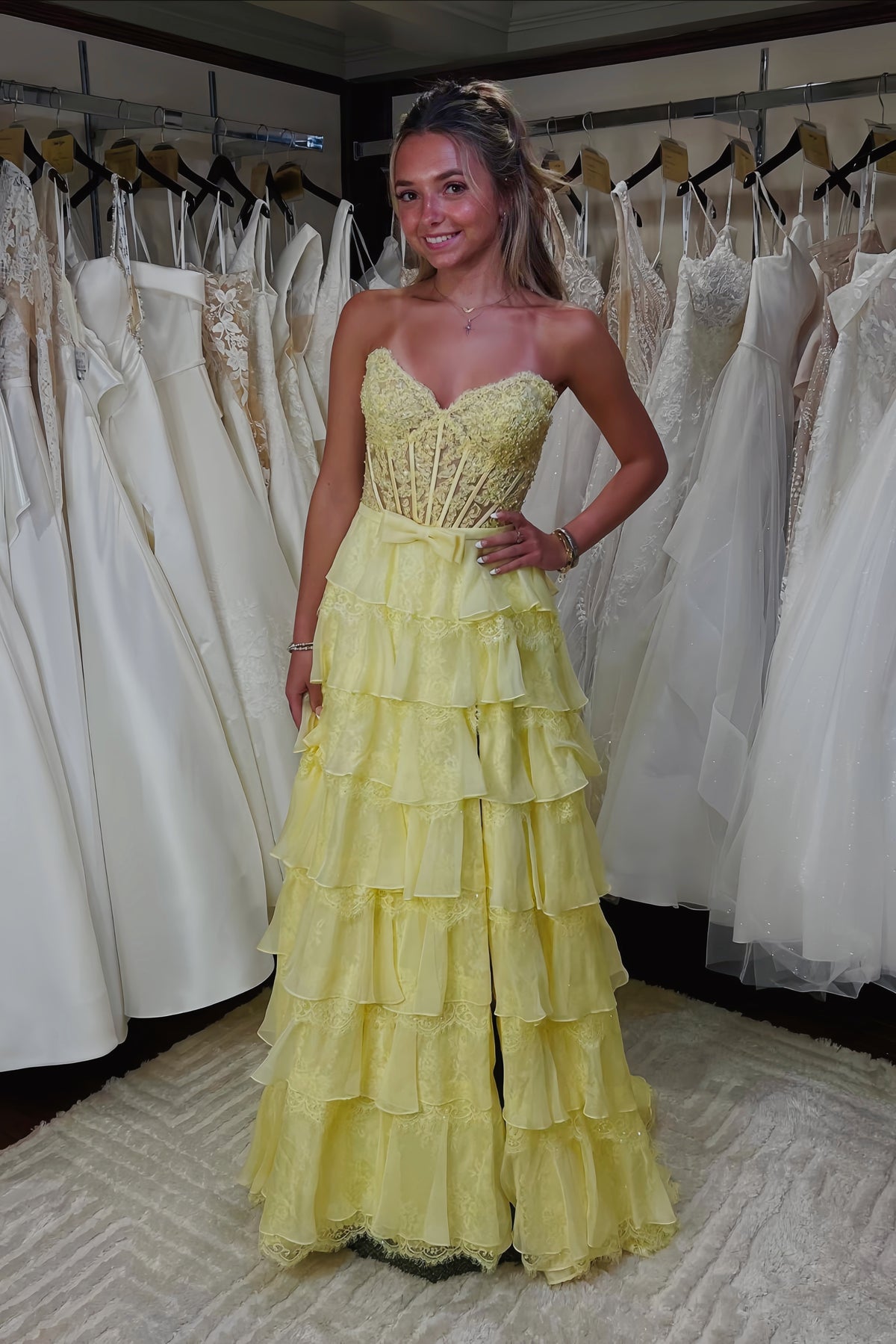Sweetheart Yellow Tiered Ruffled Tulle Dress