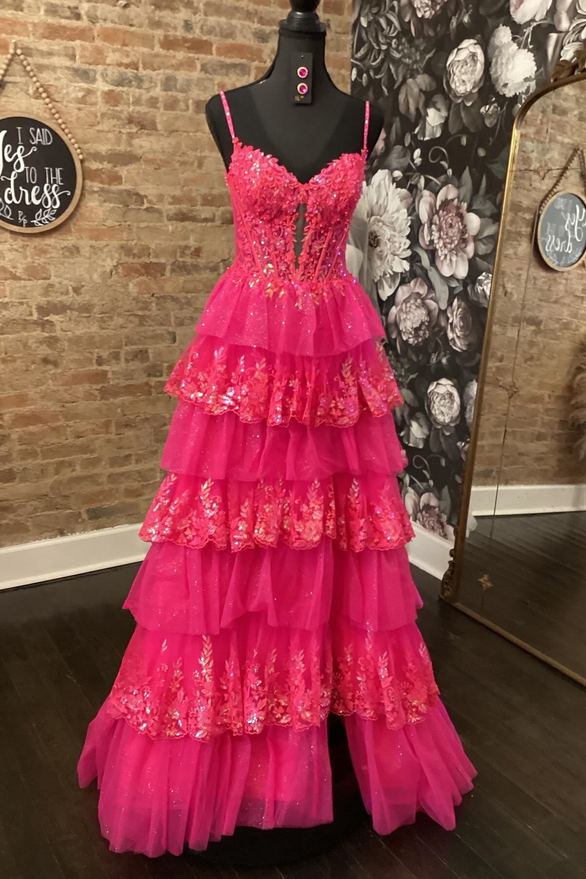 Hot Pink Sequin Tiered Ruffled Tulle Dress