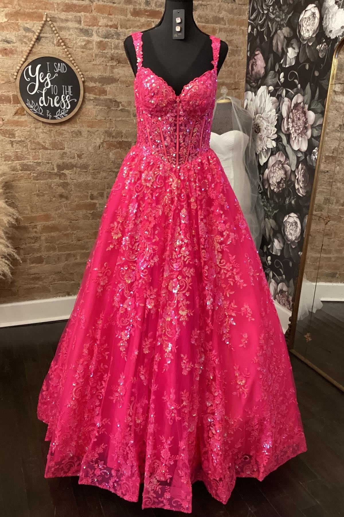 Hot Pink Sequin Flared Hem Dress