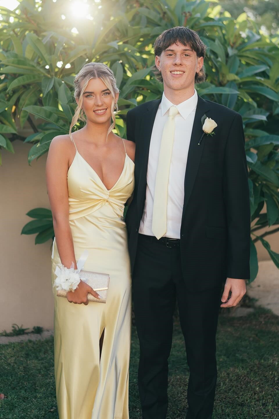 Light Yellow V-neck Front Slit Hem Long Dress