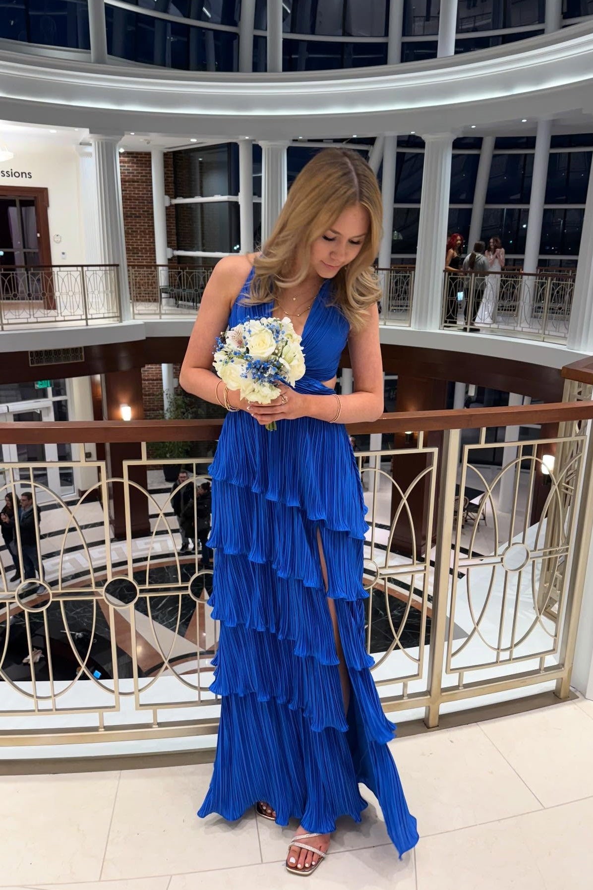 Royal Blue Halter V-neck A-line Ruffles Gown