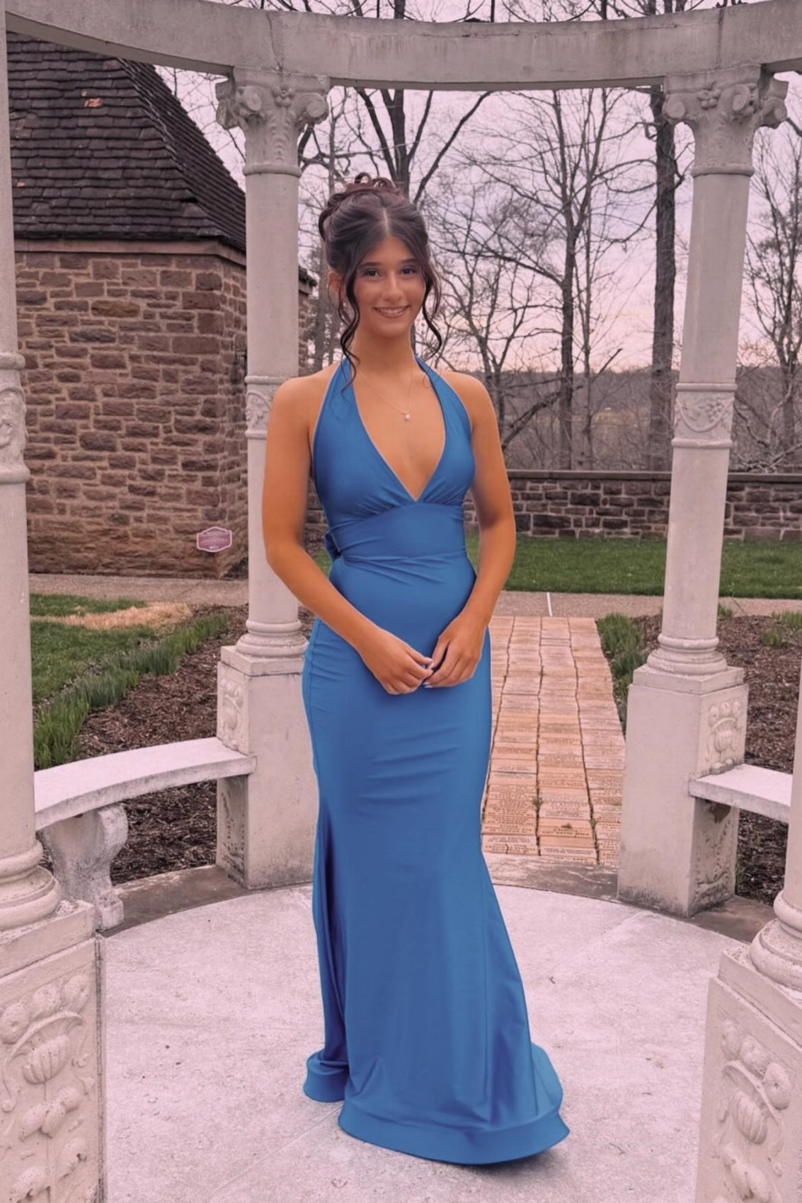 Blue Halter V-neck Mermaid Long Dress