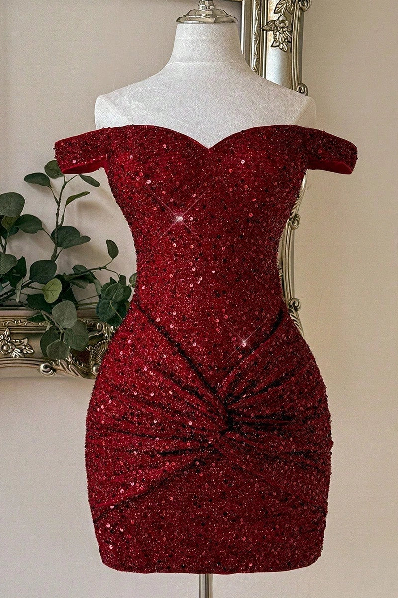 Burgundy Sequin Off-the-shoulder Mini Dress