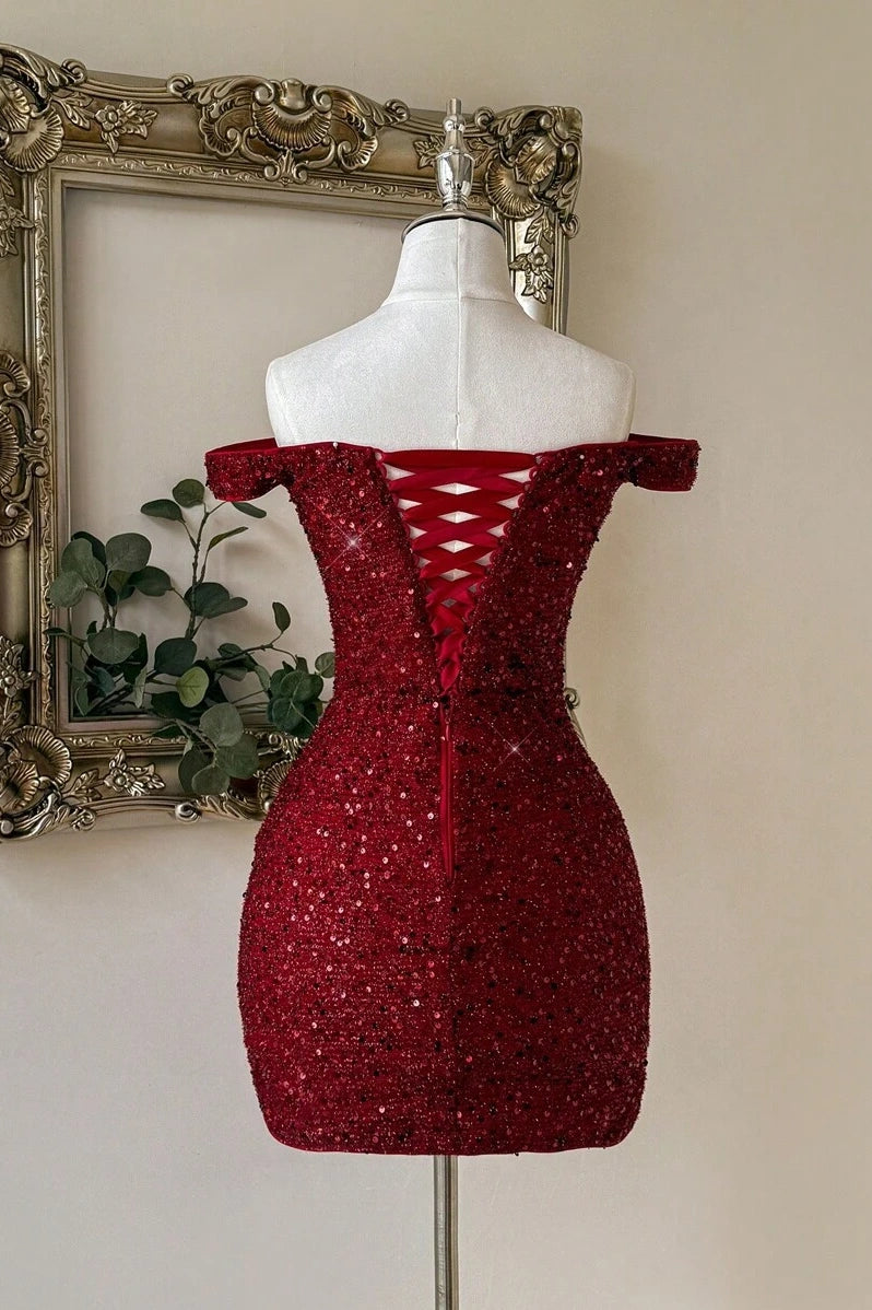 Burgundy Sequin Off-the-shoulder Mini Dress Dressesforparty Burgundy Sequin Off-the-shoulder Mini Dress Dressesforparty