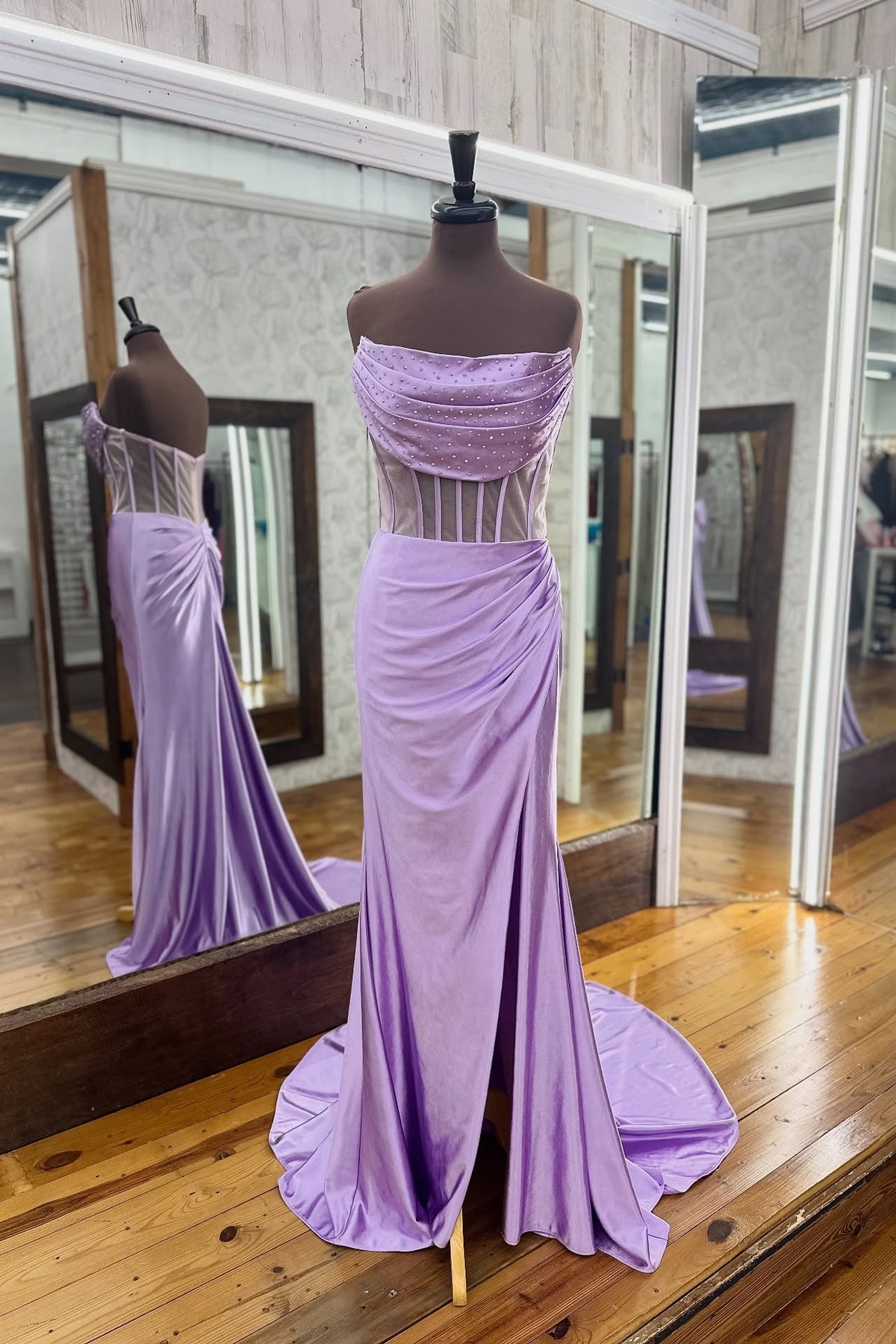 Purple Beaded Strapless Mermaid Dress