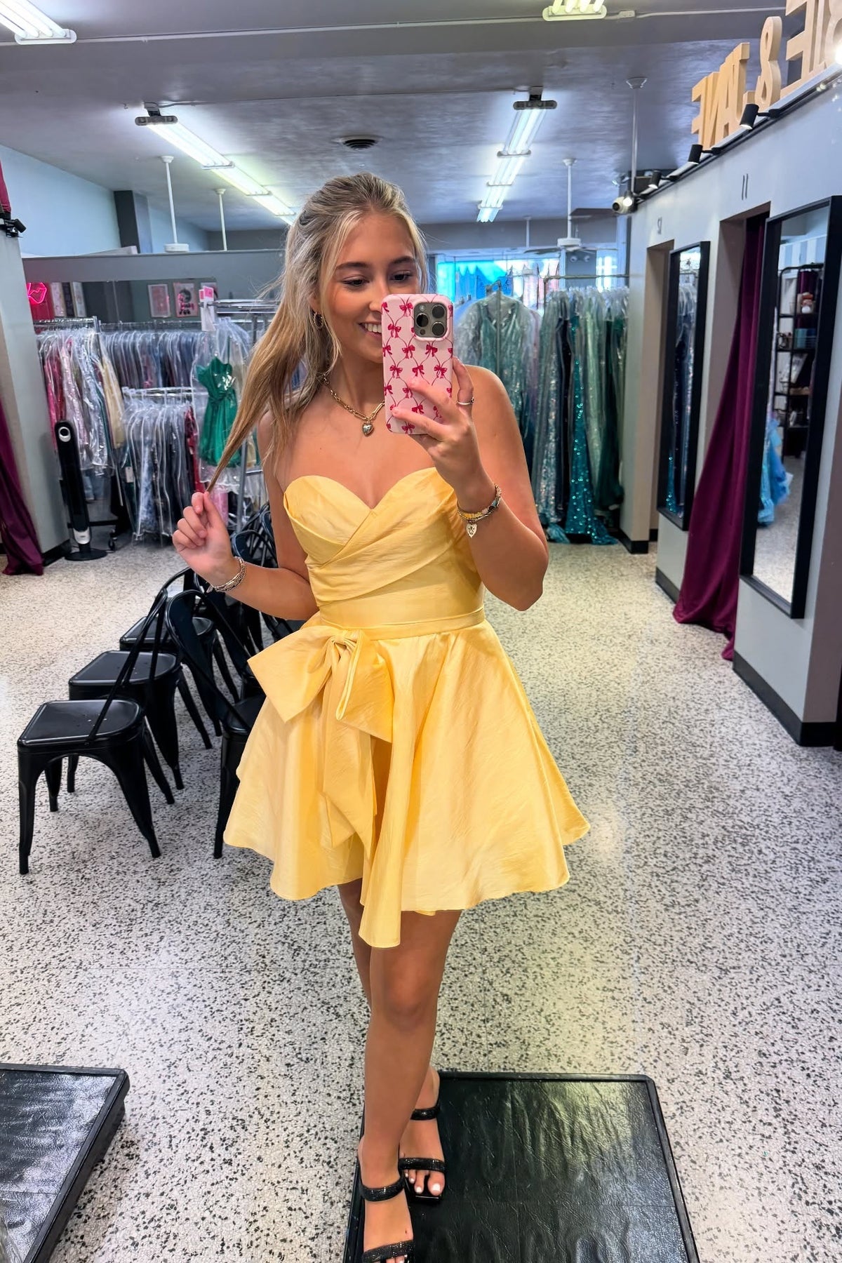 Bright Yellow Bow Sweetheart A-line Dress