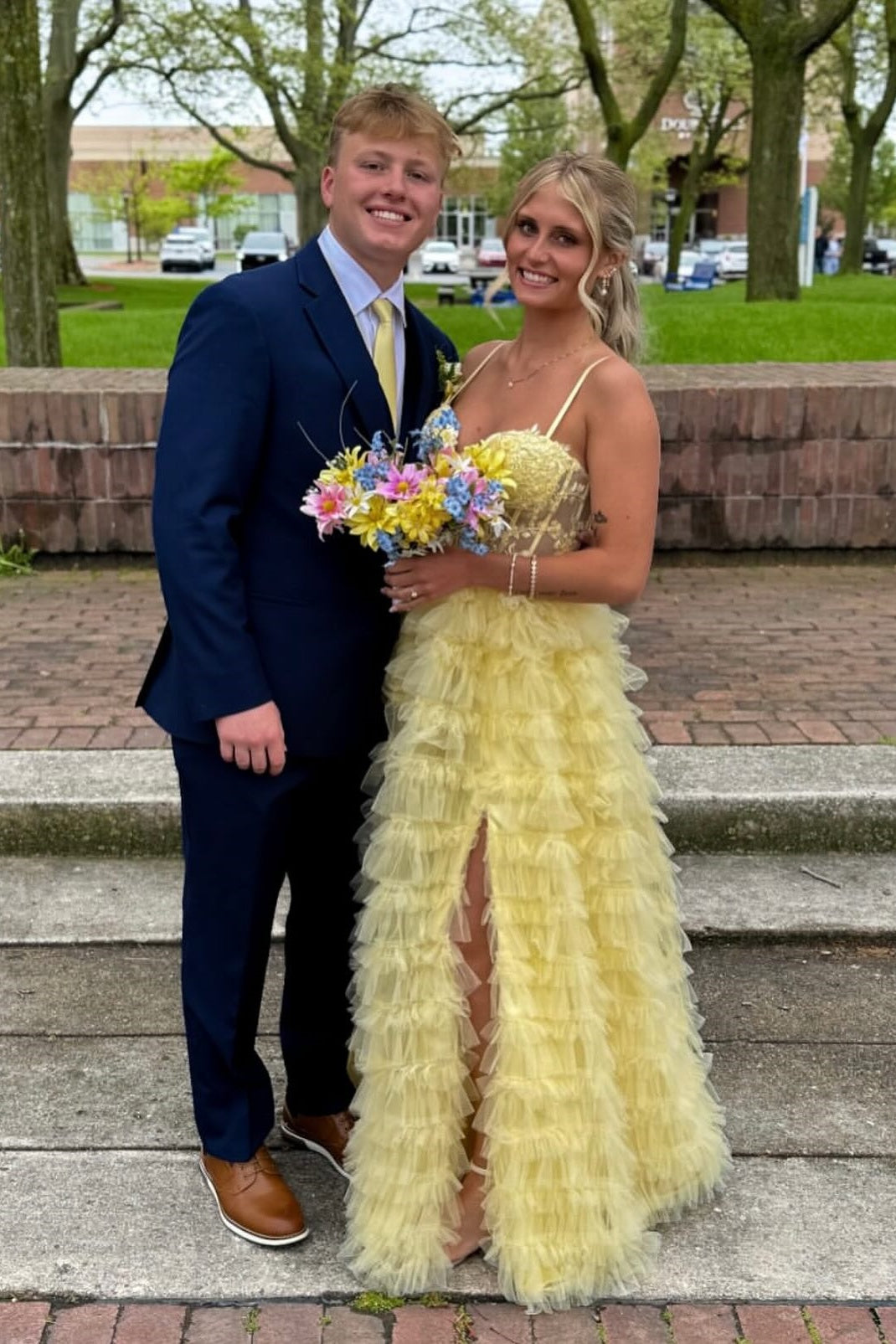 Light Yellow Tiered Ruffled Tulle Long Dress
