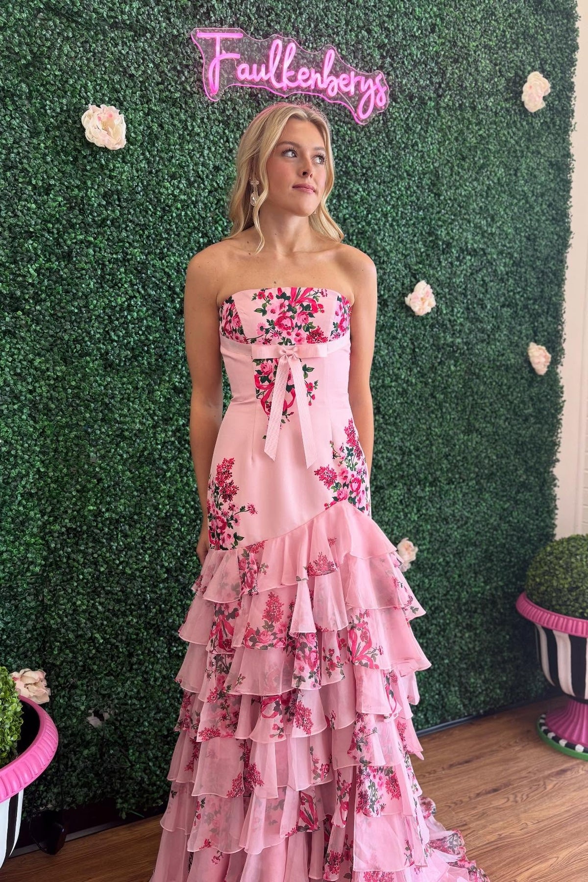 Pink Print Bow Tiered Ruffled Tulle Dress