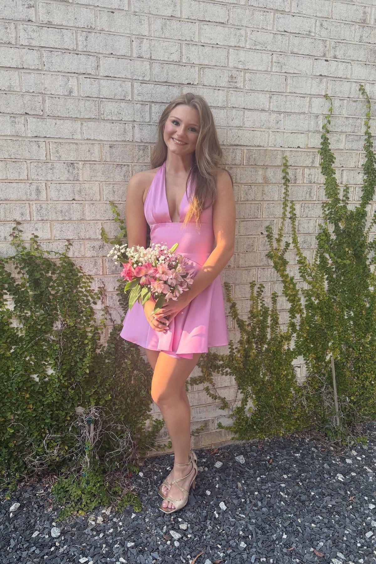 Light Pink Halter V-neck Mini Dress