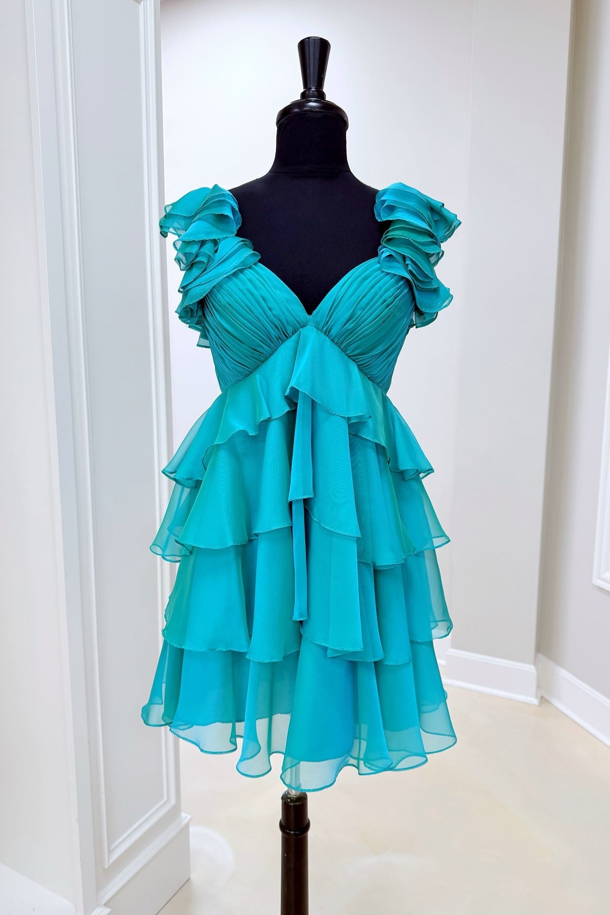 Teal V-neck Mini A-line Dress