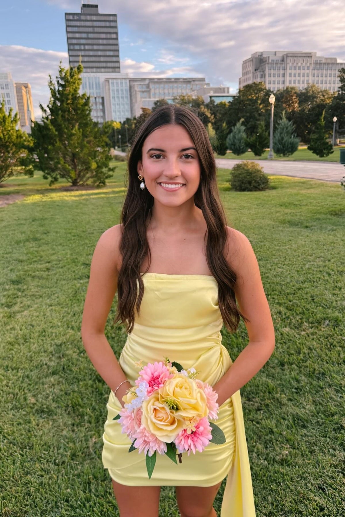 Light Yellow Side Waist Ribbons Strapless Dress
